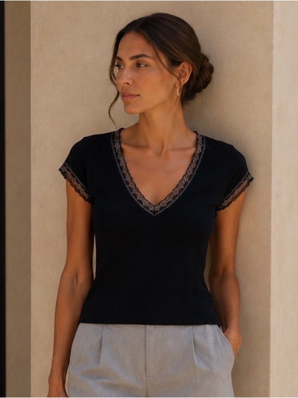 ANONYMOUS Black cotton v-neck tee shirt with gray lace trim